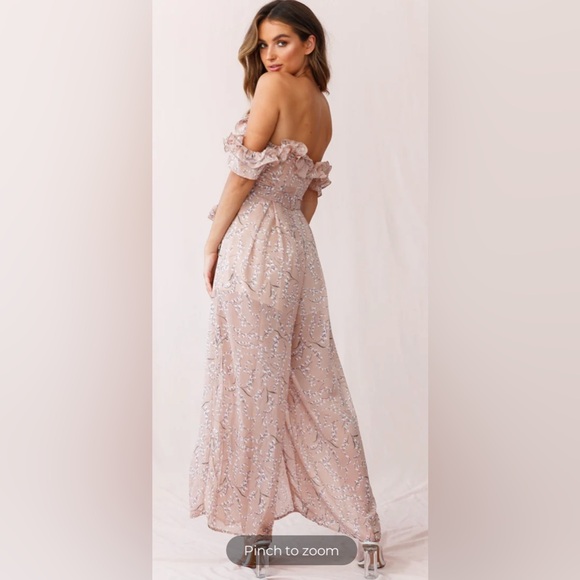 JAZZ BARDOT NECKLINE WIDE LEG SPLIT JUMPSUIT FLORAL PRINT BLUSH OFF-SHOULDERS - Picture 3 of 13